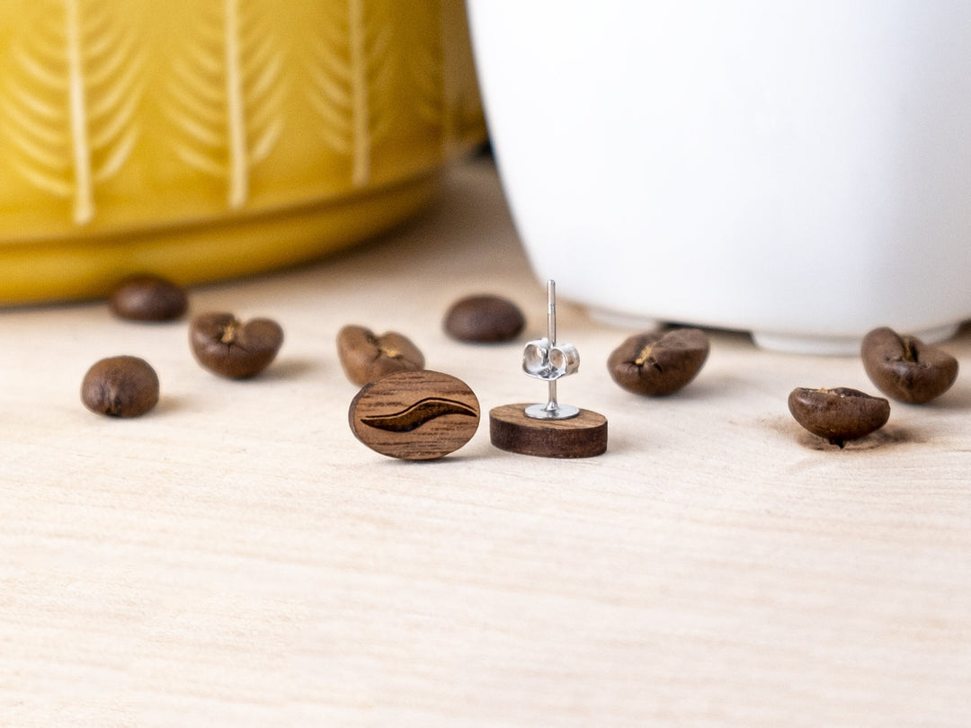 Coffee Bean Walnut Earrings - Hypoallergenic Studs - Statement Earrings - Barista or Coffee Lover Christmas Gift - Each Pair Plants a Tree!